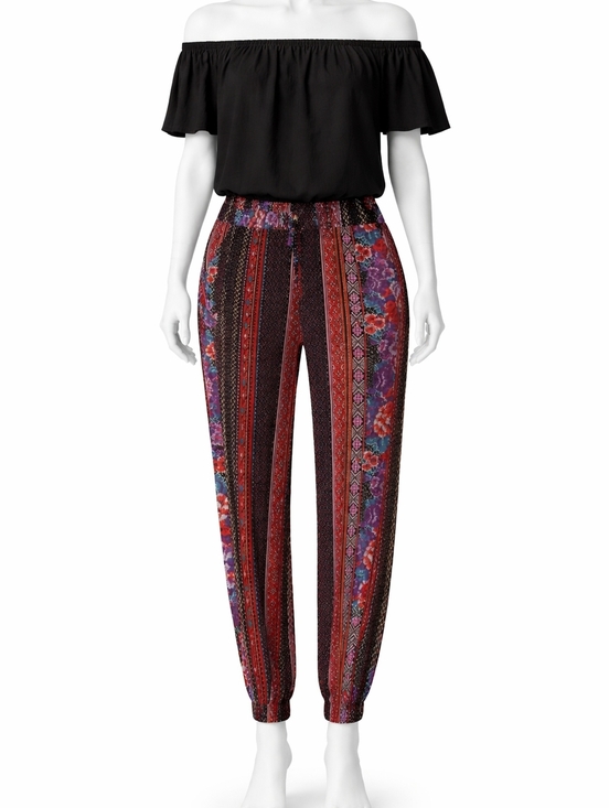Pants - Boho Floral Stripe Pants in Black & Rust